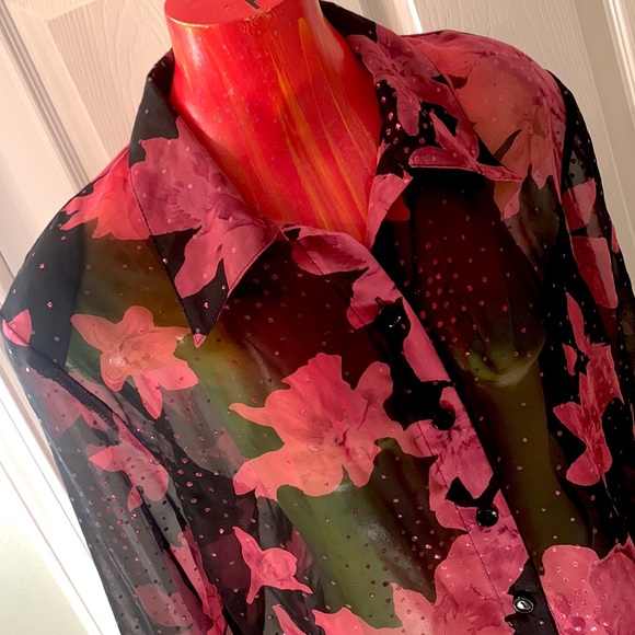 Vintage Black and Pink Floral Connie Choi Sheer Blouse - Picture 15 of 16